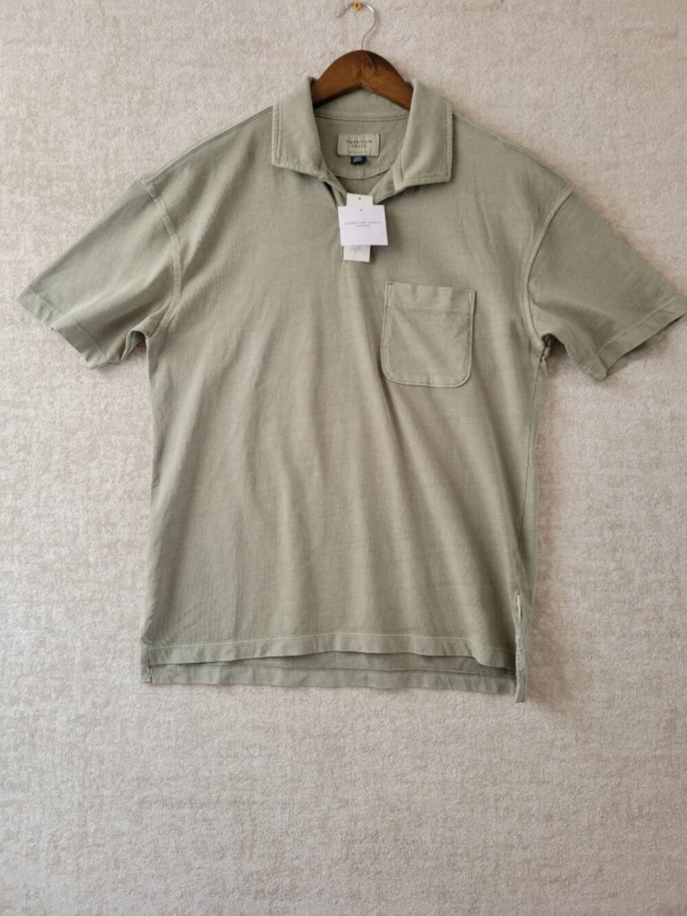 American Eagle Vintage Wash Boxy Pocket Polo Open Collar XS Mens Sage Green NWT